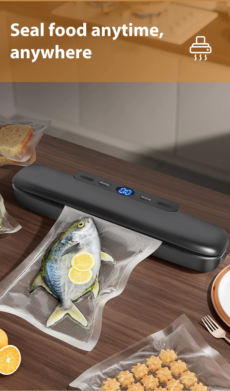 Shoppikala electric food vacuum sealer machine with sealing bags, compact design for preserving food freshness.
