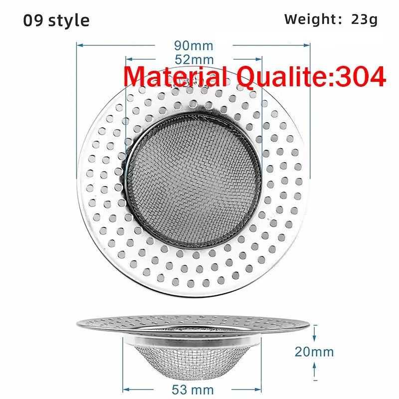 Stainless steel kitchen sink drain strainer with mesh filter for hair and debris, suitable for bathroom floor and washbasin drains.