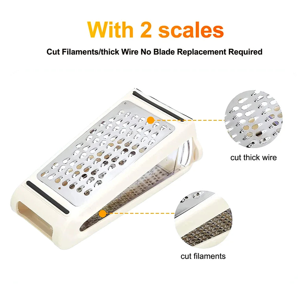 Stainless steel cheese grater with storage container, two-sided box grater for vegetables, ginger, and potatoes in kitchen accessories