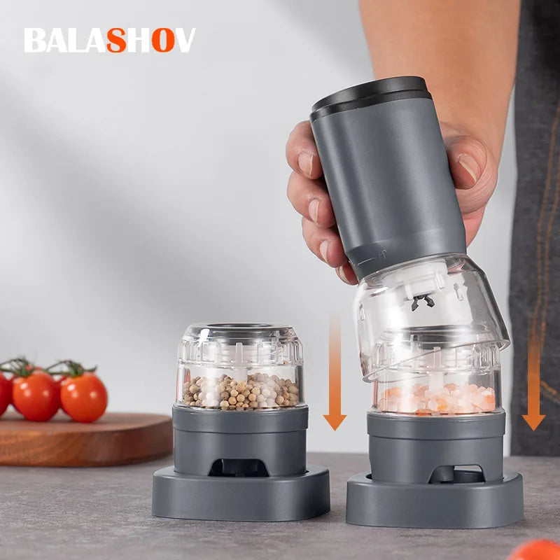 Shoppikala rechargeable electric pepper grinder set with adjustable coarseness and one-handed operation, shown in use.