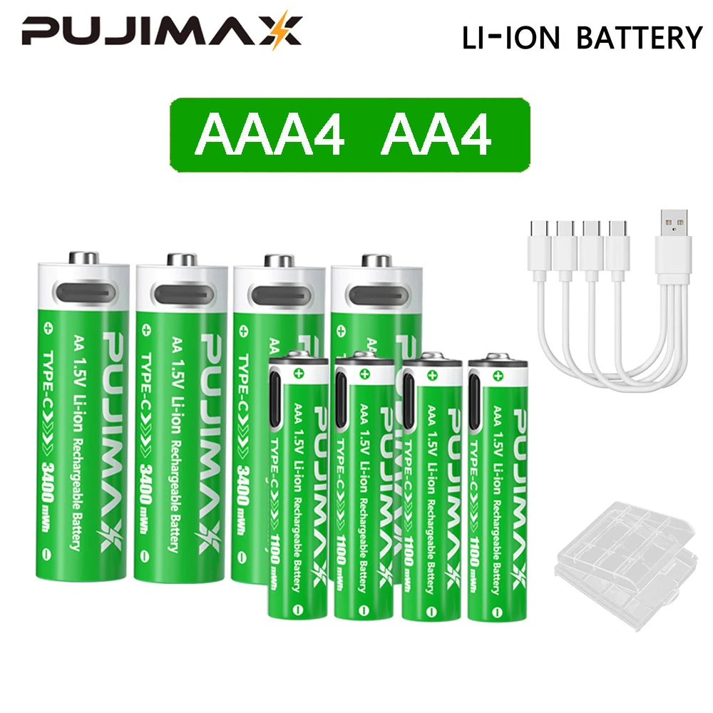 Shoppikala PUJIMAX rechargeable AAA/AA lithium-ion battery with USB Type-C port, 3400mWh capacity, for remote controls and toys