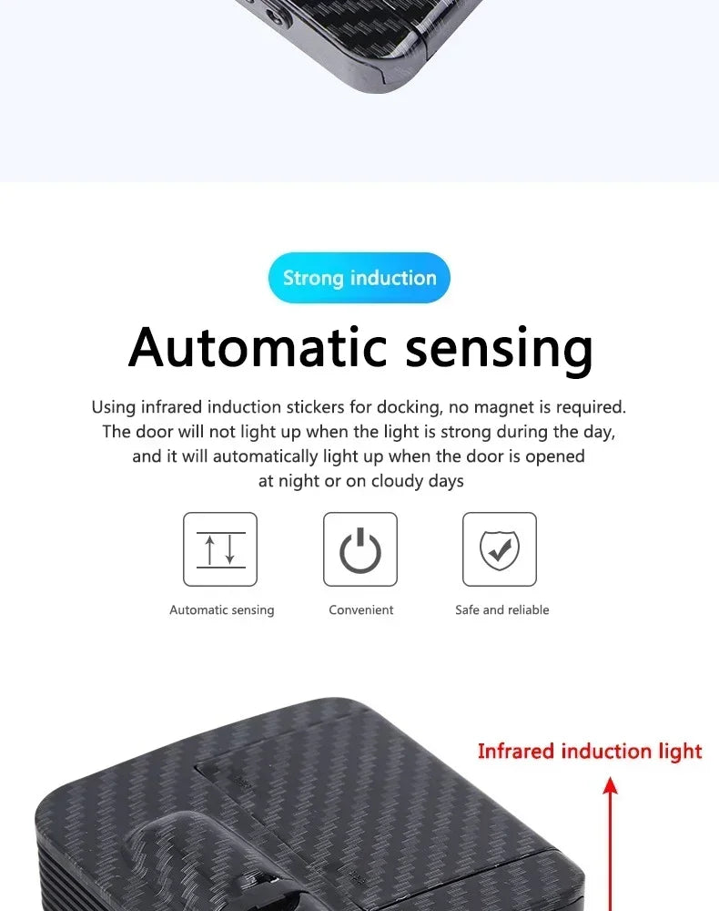 Wireless HD laser car door projector by shoppikala, battery-powered, no wiring, for easy night entry, shown in use on vehicle door