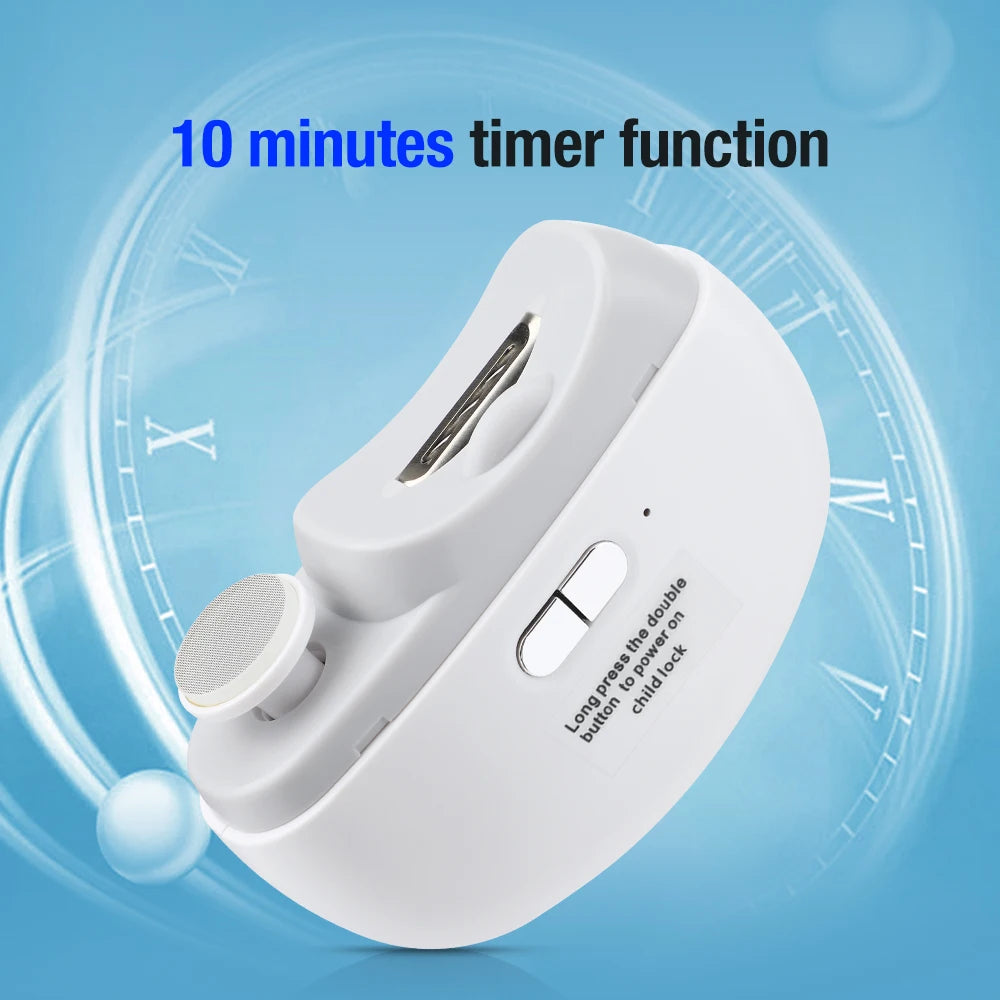 Shoppikala electric nail clipper with light, rechargeable design, featuring grinding and polishing for baby and adult manicure.