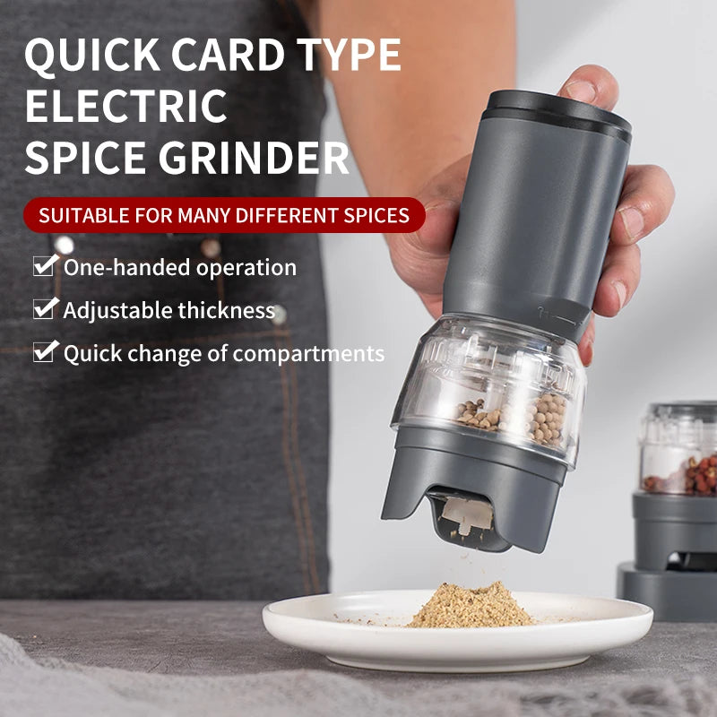 Shoppikala rechargeable electric pepper grinder set with adjustable coarseness and one-handed operation, displayed on a countertop.