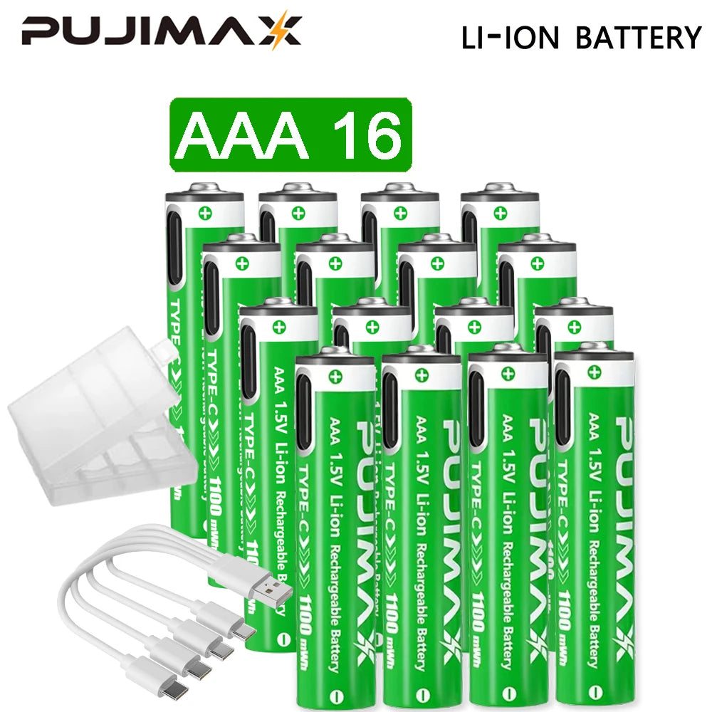 Shoppikala PUJIMAX rechargeable AA/AAA Li-ion battery with USB-C port, 3400mWh capacity for remote controls and electric toys.