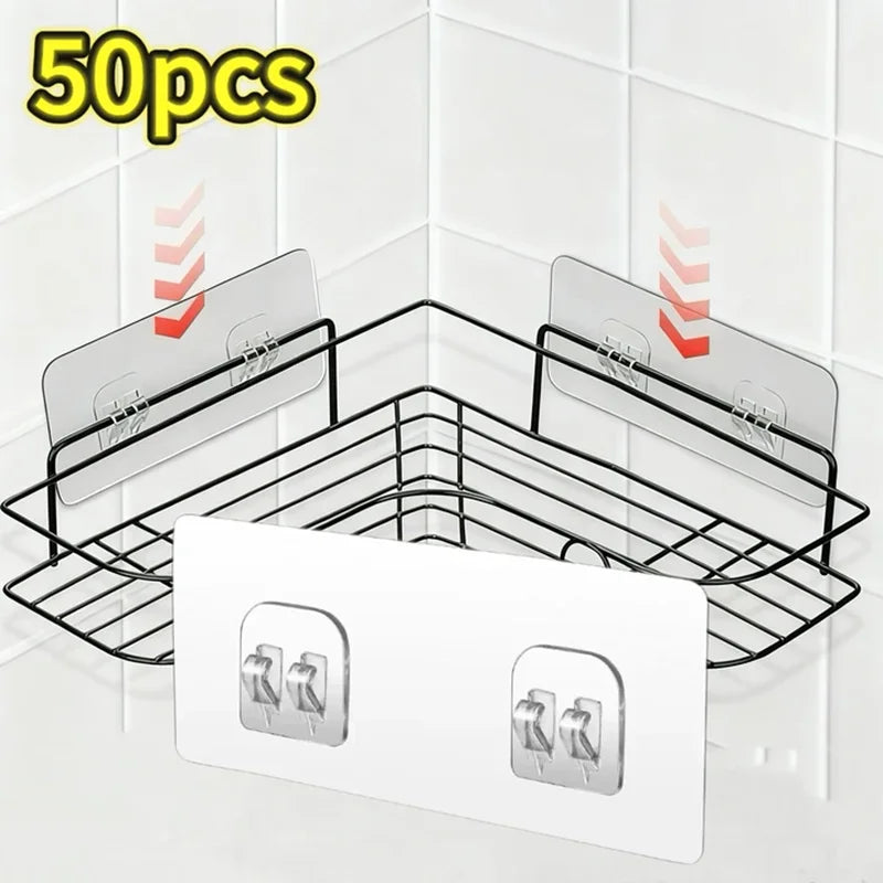 Shoppikala adhesive shower caddy hook with soap dish holder mounted on bathroom or kitchen wall for strip storage and organization.