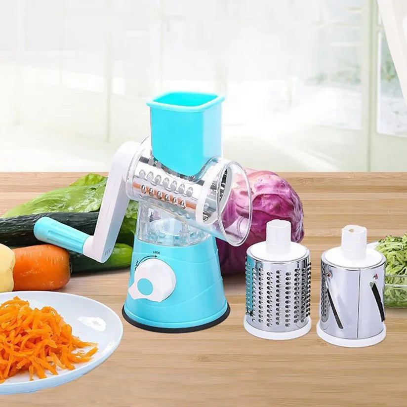 Shoppikala multifunctional vegetable slicer and shredder with three sharp drums for grating cheese, vegetables, and nuts.