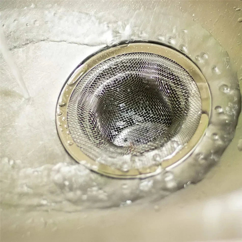 Stainless steel kitchen sink strainer with mesh filter for bathroom and shower drains, helps trap hair and debris.