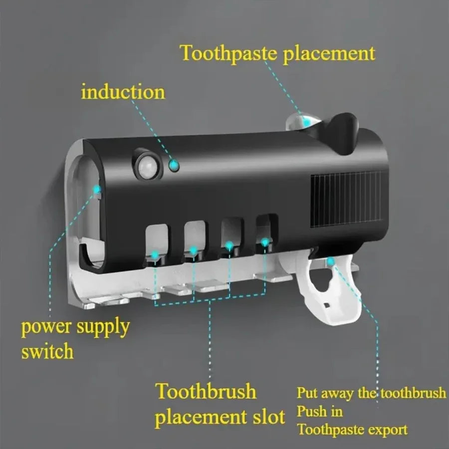 Shoppikala 3-in-1 electric blue wall-mounted toothbrush holder with toothpaste dispenser and USB charging port.