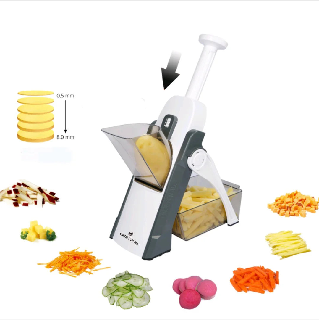 Shoppikala manual slicer with adjustable blades for vegetables, fruits, and potatoes, featuring a safety food chopper and cutter.