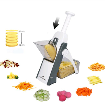Shoppikala manual slicer with adjustable blades for vegetables, fruits, and potatoes, featuring a safety food chopper and cutter.