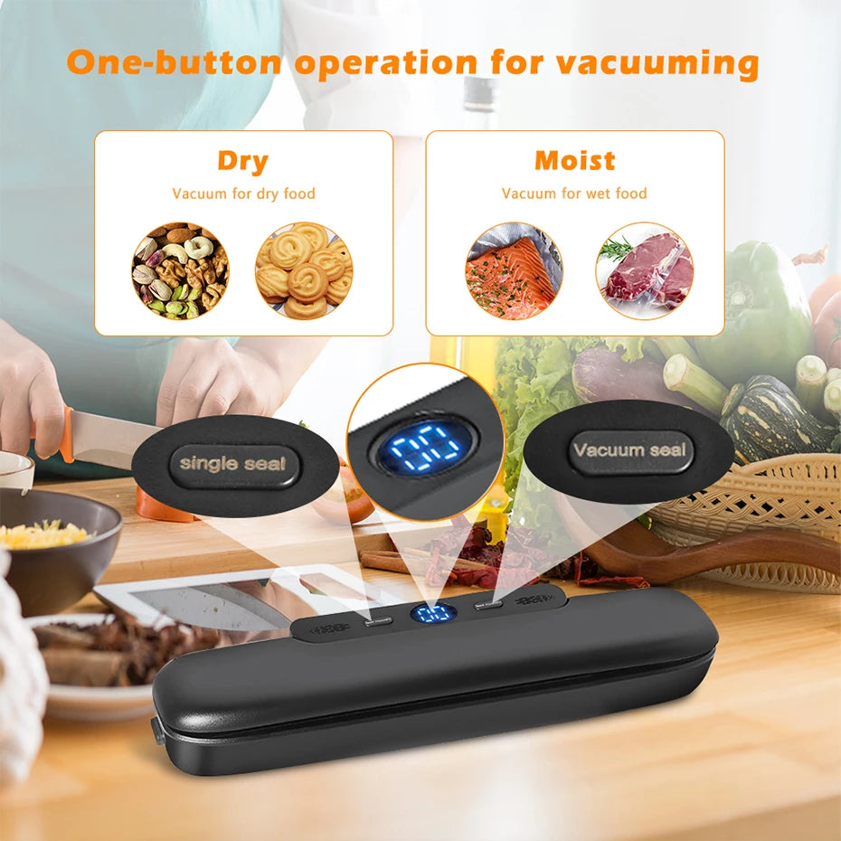 Shoppikala electric food vacuum sealer machine with sealing bags, compact kitchen appliance for freshness preservation.
