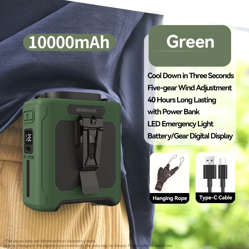 Shoppikala 10,000mAh wearable waist fan with five speed settings, lightweight design, and hands-free cooling for outdoor use