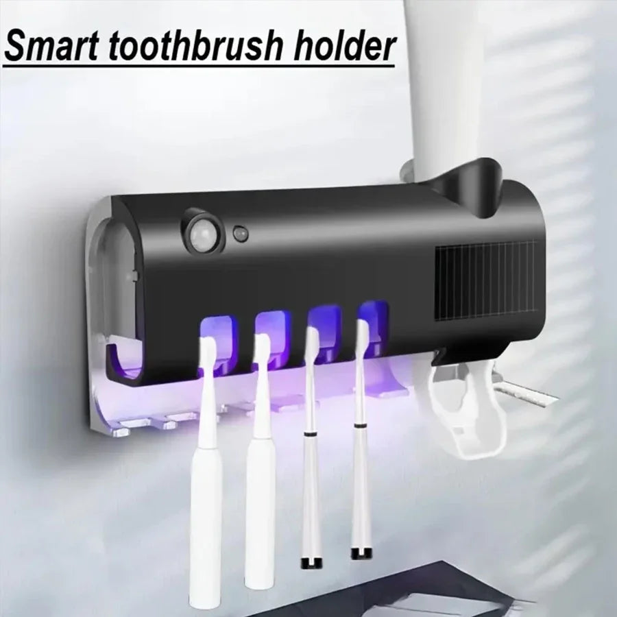 Shoppikala 3-in-1 electric blue toothbrush holder with toothpaste dispenser, wall-mounted, no-drill, USB rechargeable, and disinfection features.