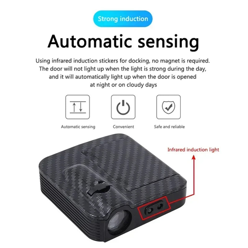 Wireless HD laser car door projector by shoppikala, battery-powered with no wiring, displaying easy night entry illumination in a car door.