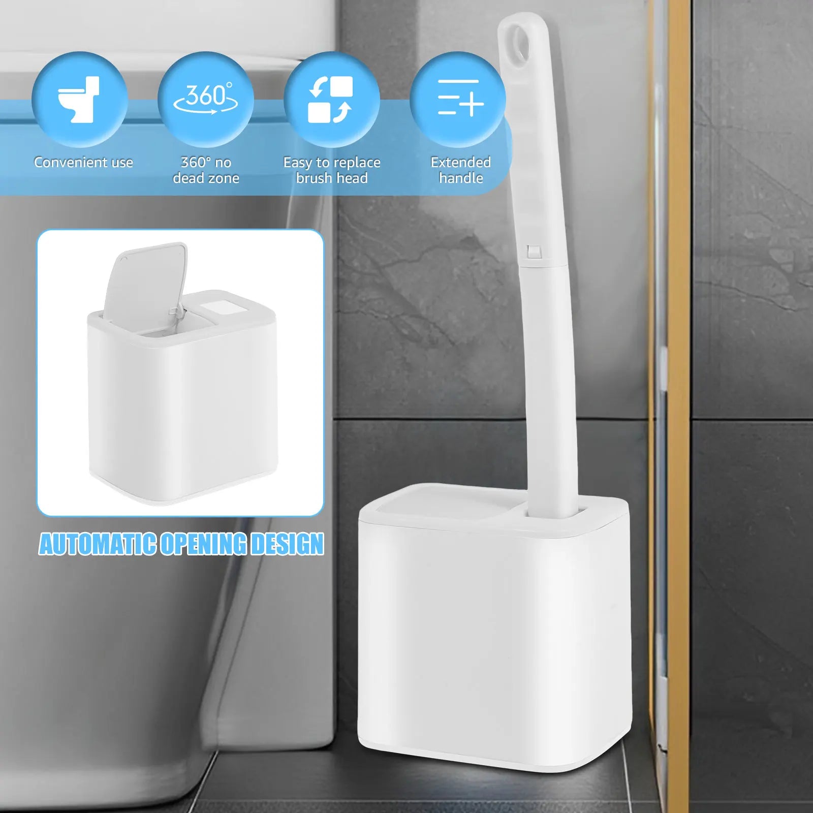 Disposable toilet brush with long handle and replacement heads by shoppikala, shown with brush and replacement heads for cleaning toilets.