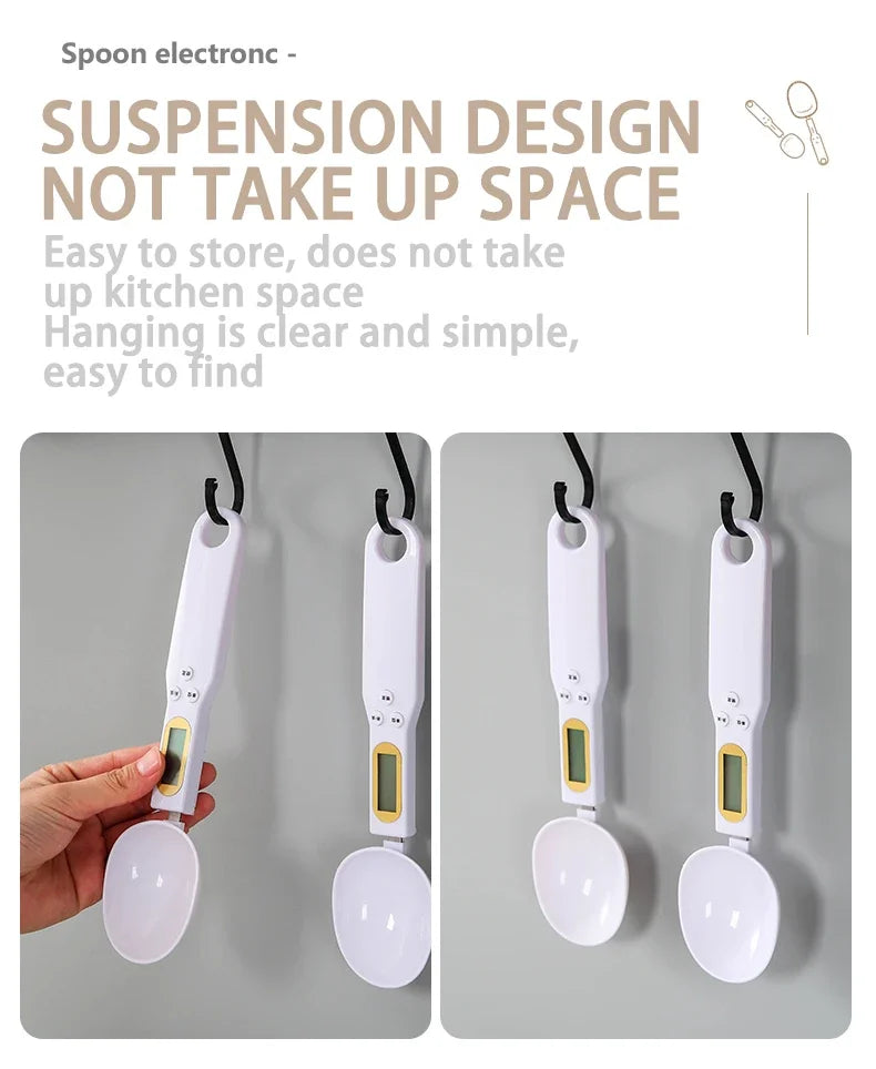 Shoppikala digital measuring spoon with LCD display, 500g capacity, used for precise measurements of milk, coffee, sugar in the kitchen.
