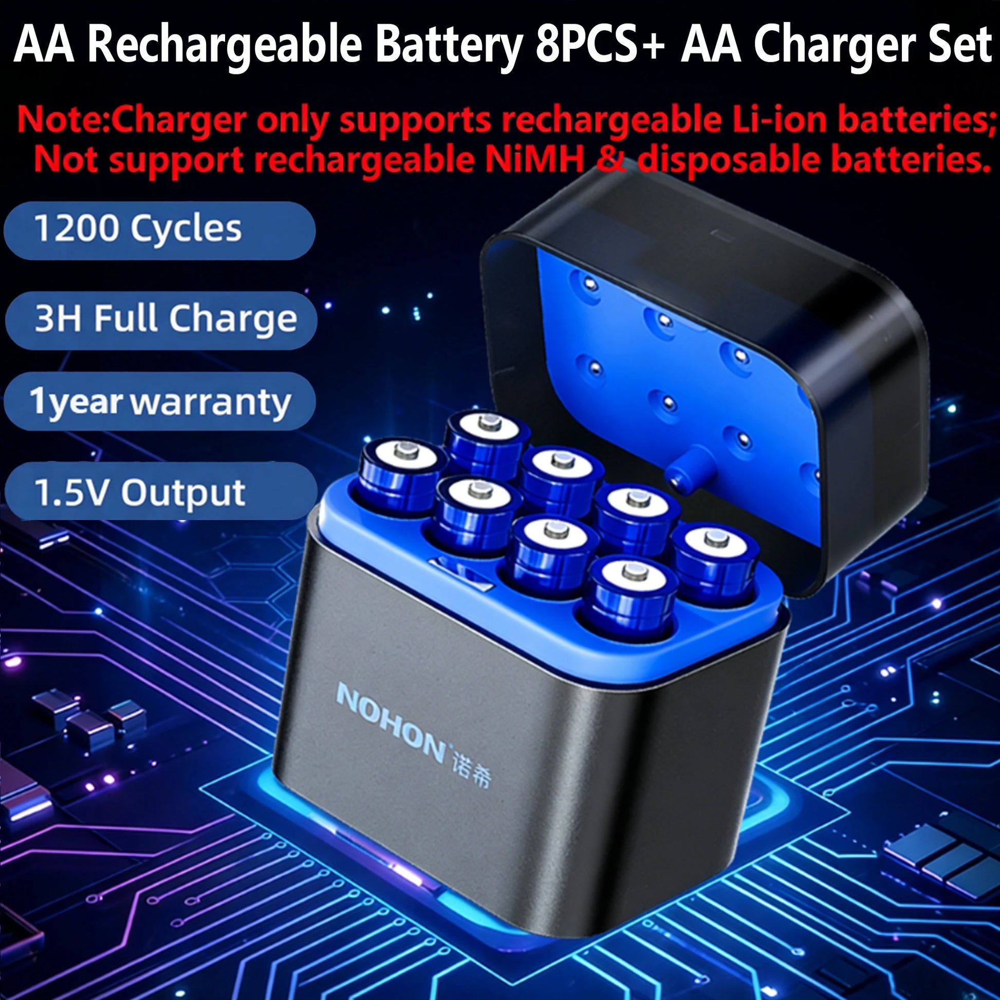 Shoppikala NOHON rechargeable lithium AA and AAA batteries with high capacity and 1.5V for remote controls and mice.
