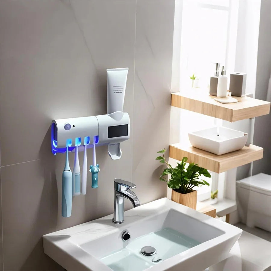 Shoppikala 3-in-1 electric blue toothbrush holder with toothpaste dispenser, wall-mounted, no-drill design, USB rechargeable.