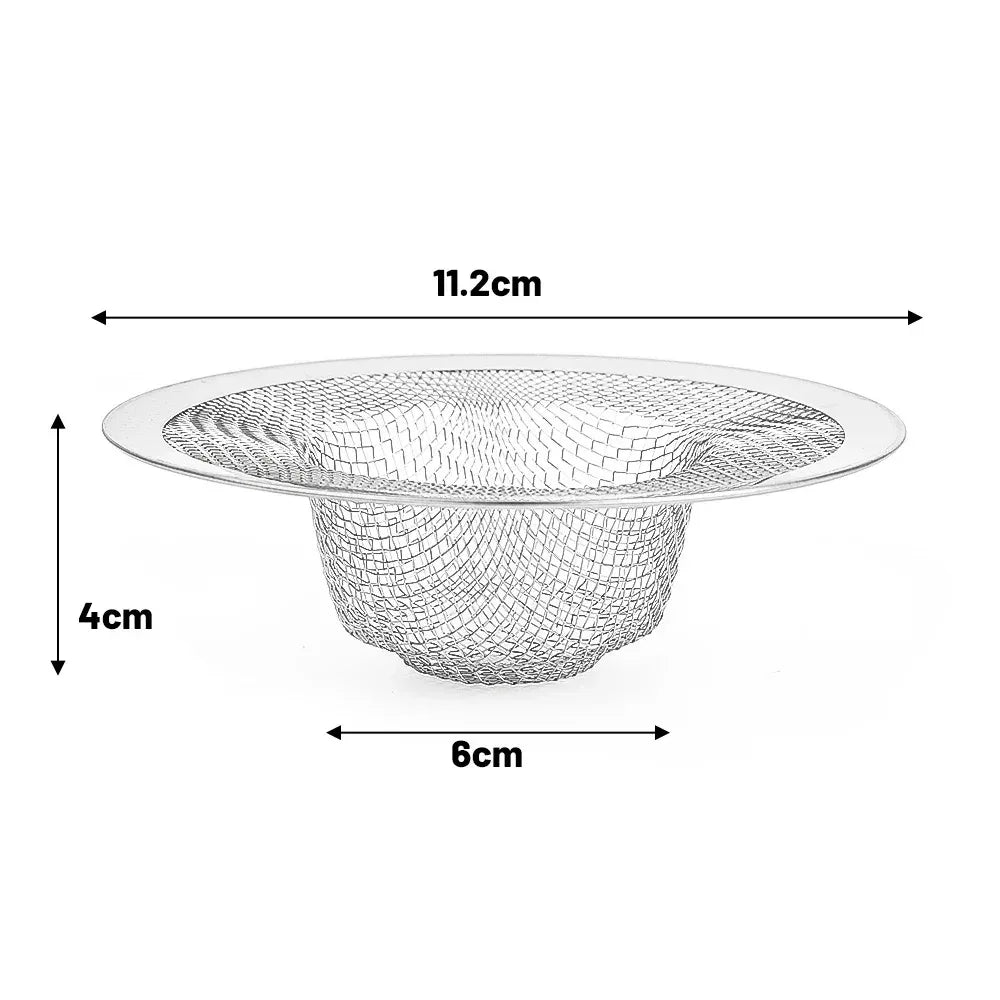 Stainless steel kitchen sink strainer with mesh filter for bathroom and washbasin drains, designed to catch hair and debris.
