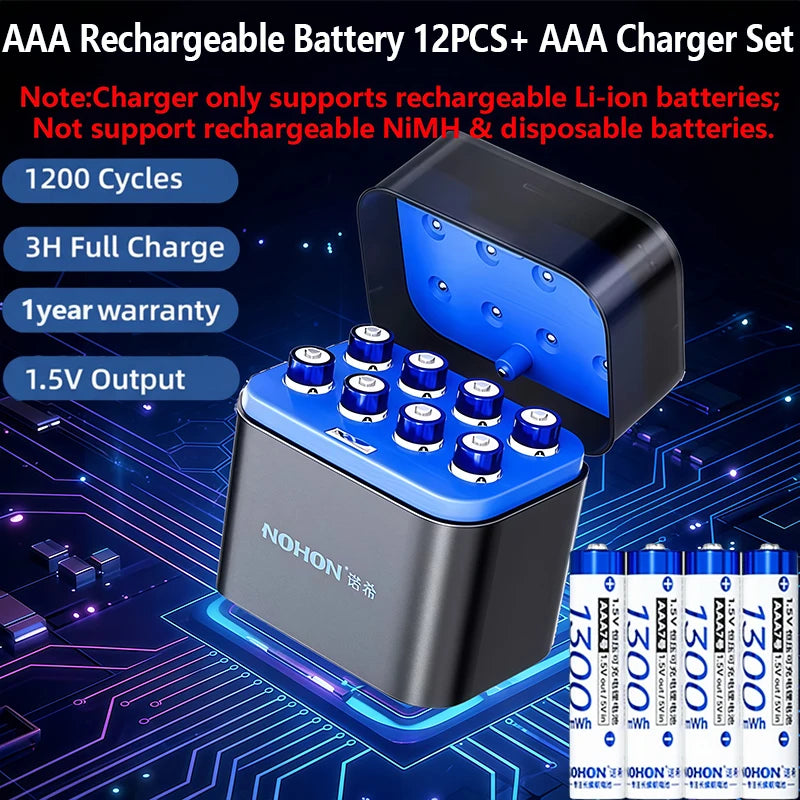 Shoppikala NOHON rechargeable lithium AA and AAA batteries with high capacity for remote controls and mice, 1.5V, in black.