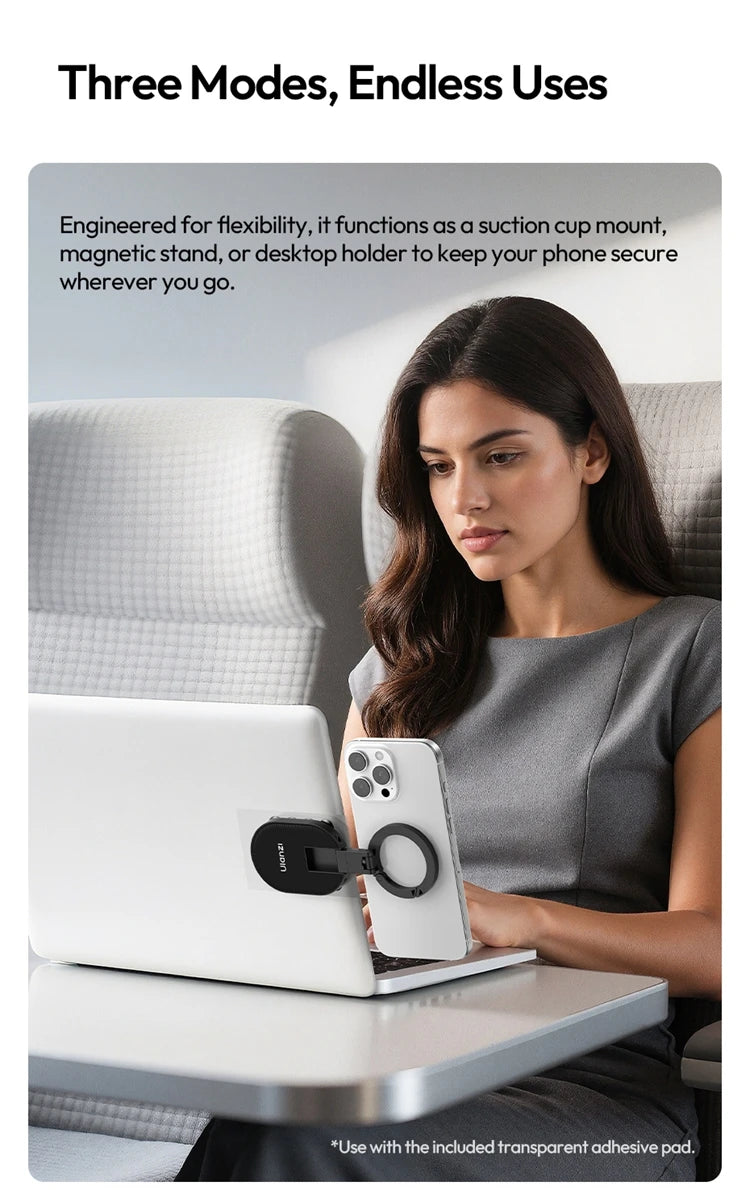 Ulanzi MA39 magnetic smartphone desktop stand with suction cup, compatible with iPhone, made of aluminum, on glass or laptop surfaces