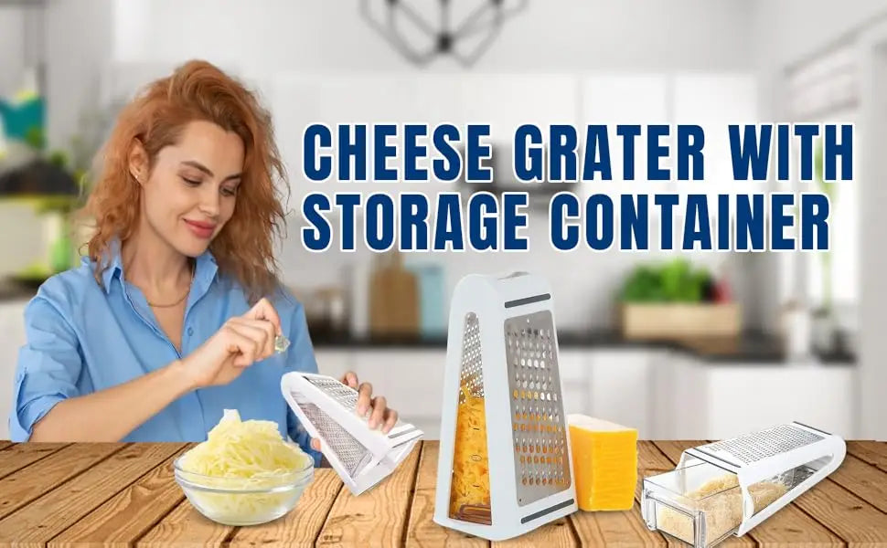Stainless steel cheese grater with storage container, dual sides for vegetables, ginger, and potatoes, kitchen accessory by shoppikala.