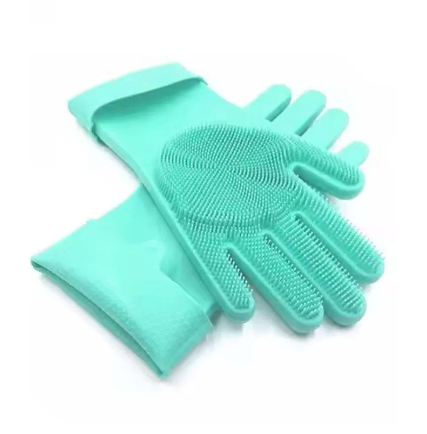 Shoppikala silicone dishwashing gloves with scrubber for kitchen cleaning, showing textured exterior and flexible design