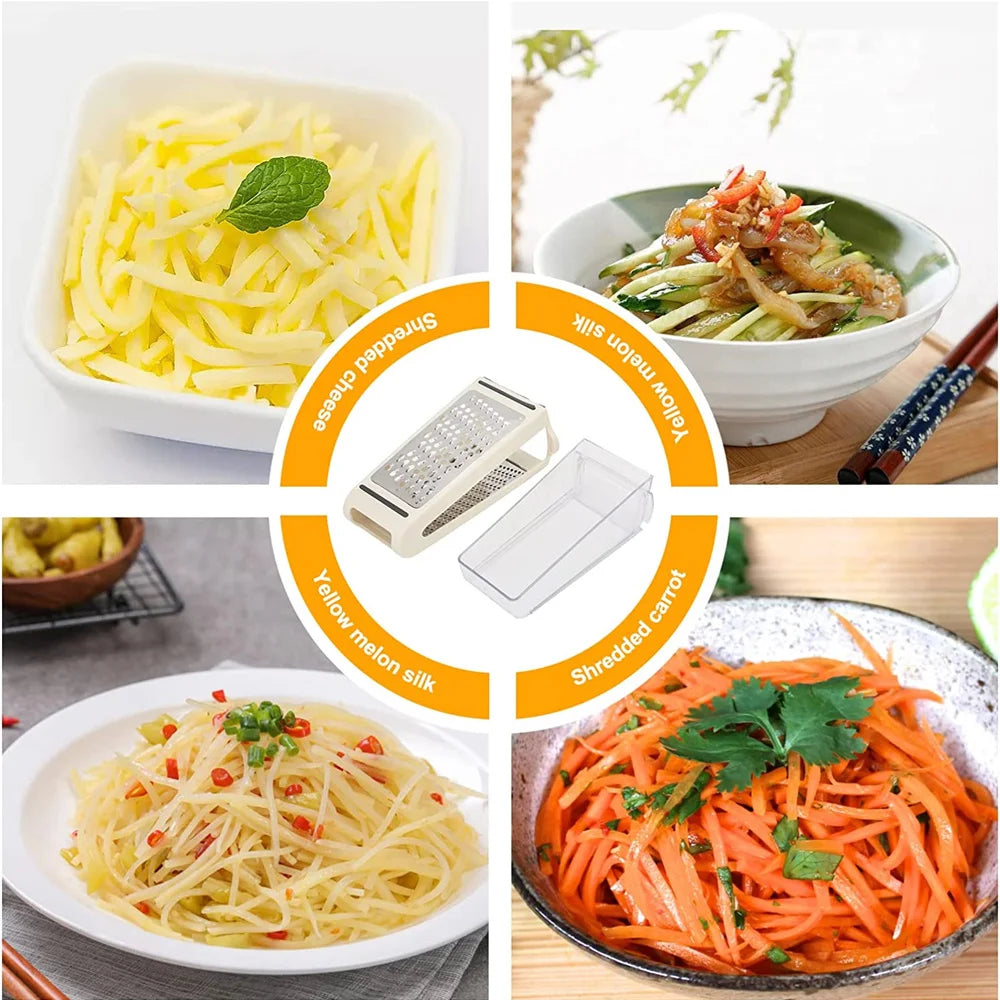 Stainless steel cheese grater with storage container, double-sided box grater for vegetables, ginger, potatoes, kitchen accessories