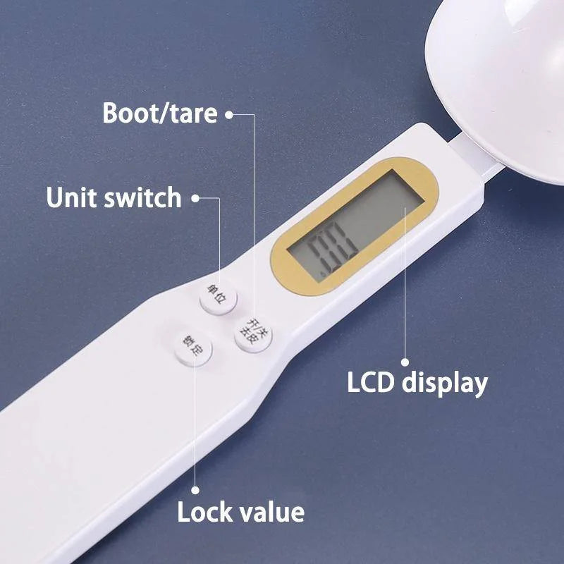 Shoppikala digital measuring spoon with LCD display, 500g capacity, used for precise milk, coffee, and sugar measurement in the kitchen.