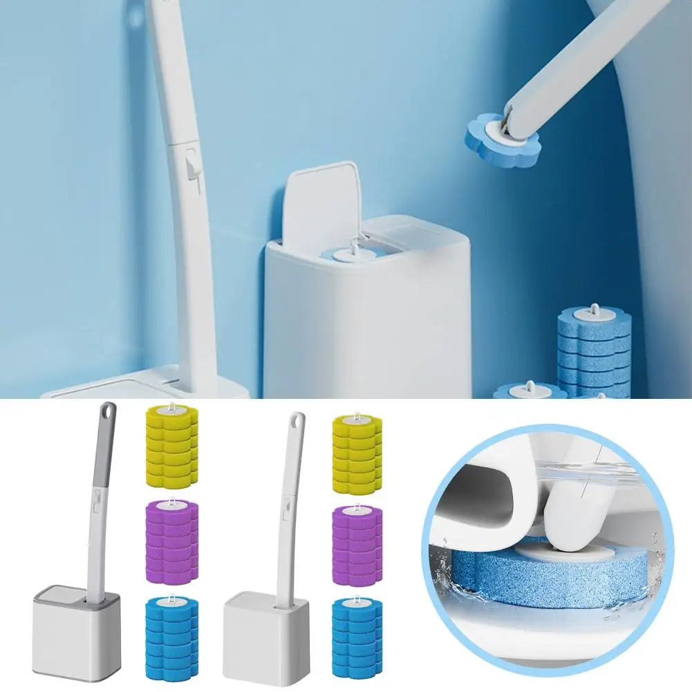 Disposable toilet brush with replacement heads and long handle from shoppikala, showing the brush and spare heads for hygienic cleaning.