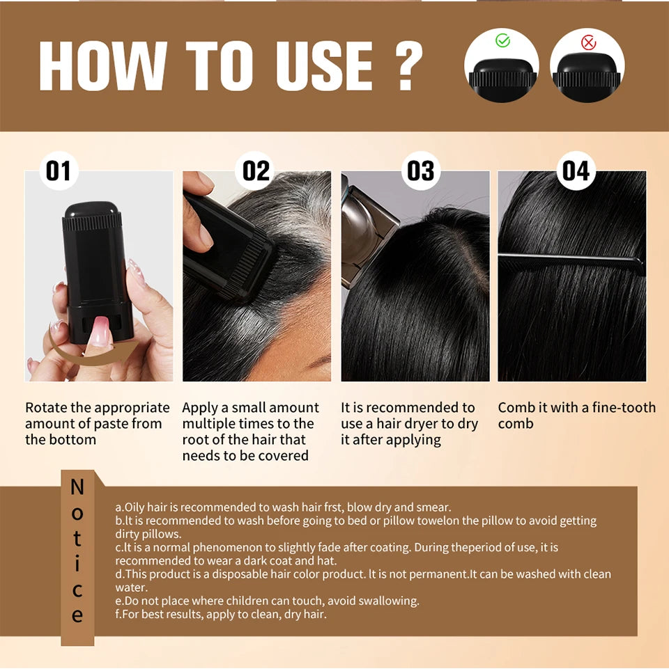 Black and brown 2-in-1 hair dye stick with comb, washable, long-lasting temporary hair coloring for covering white hairs and hairlines.
