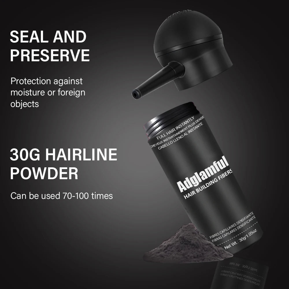 Adglamful Fiber Powder Kit by shoppikala showing the 30g container and application tools for temporary hair thickening.