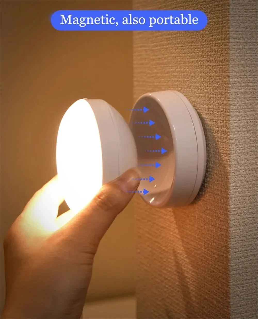 Wireless LED night lamp with motion sensor, rechargeable, 360° rotating magnetic base, ideal for bedside, kitchen, or room lighting.