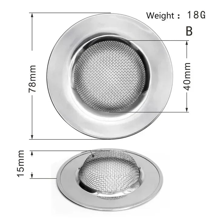 Stainless steel kitchen sink strainer with mesh filter for bathroom and shower drains, designed to catch hair and debris.