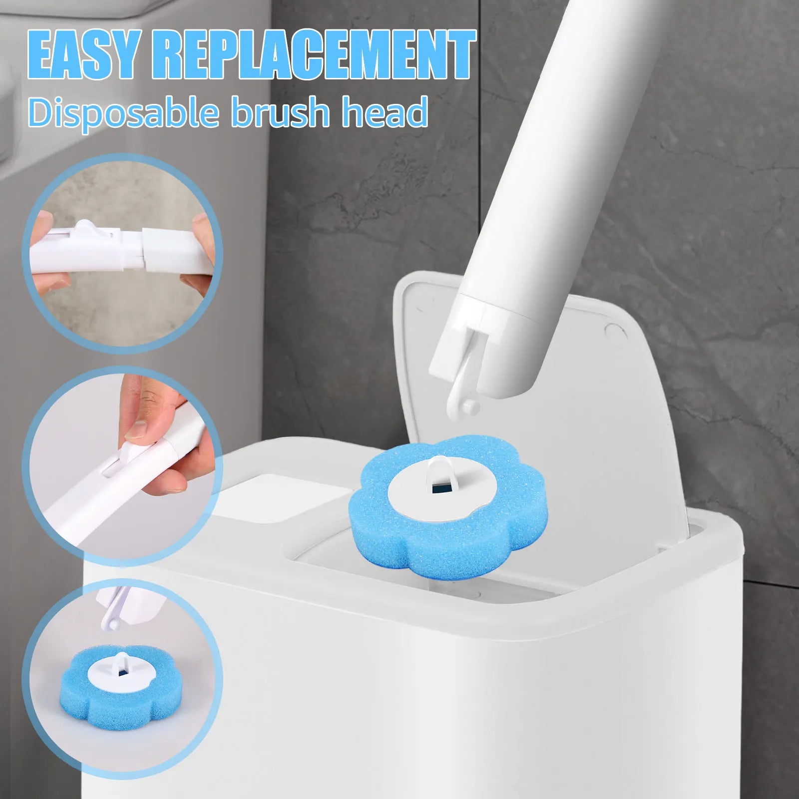 Disposable toilet brush with long handle and replacement heads from shoppikala, shown with brush and spare head for cleaning toilets.