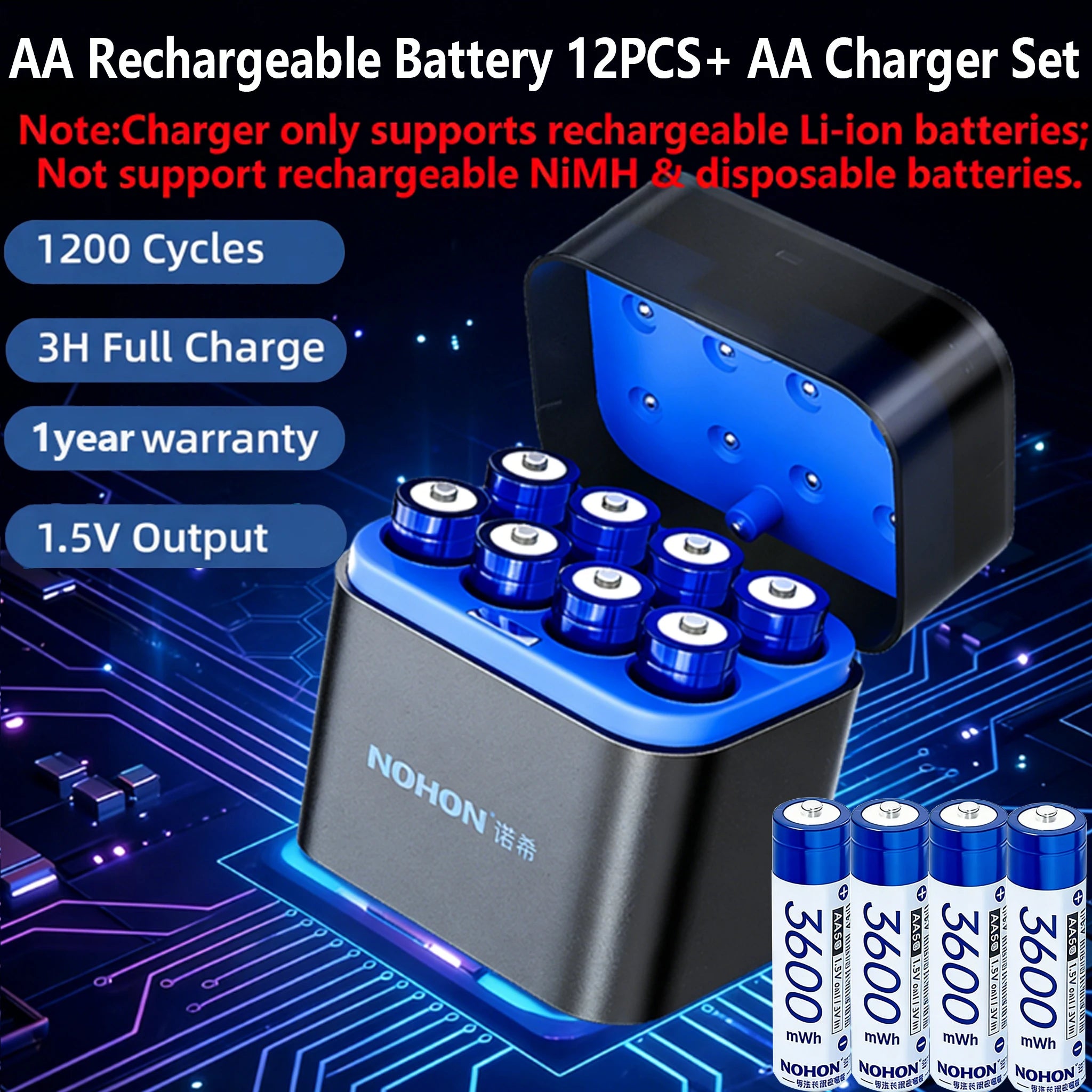 Shoppikala NOHON rechargeable lithium AA and AAA batteries with high capacity 1.5V for remote controls and electronic devices.
