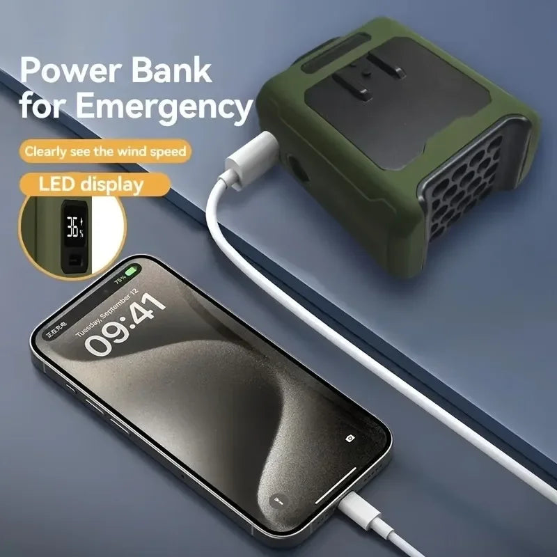 Shoppikala 10000mAh wearable waist fan with 5 speeds, LED light, hands-free cooling for outdoor jobs and travel.