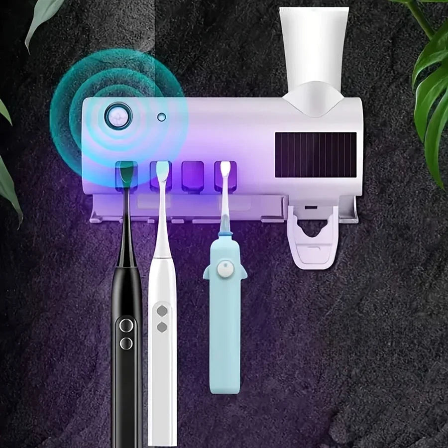 Upgraded 3-in-1 electric blue disinfection toothbrush holder with toothpaste dispenser, wall-mounted, no-drill, USB charging by shoppikala
