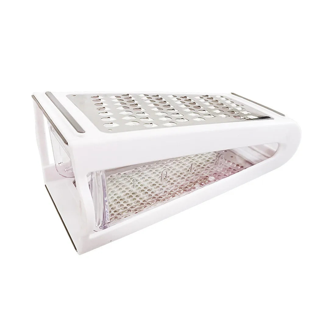 Stainless steel cheese grater with storage container, dual-sided box grater for vegetables, ginger, and potatoes, kitchen accessory.