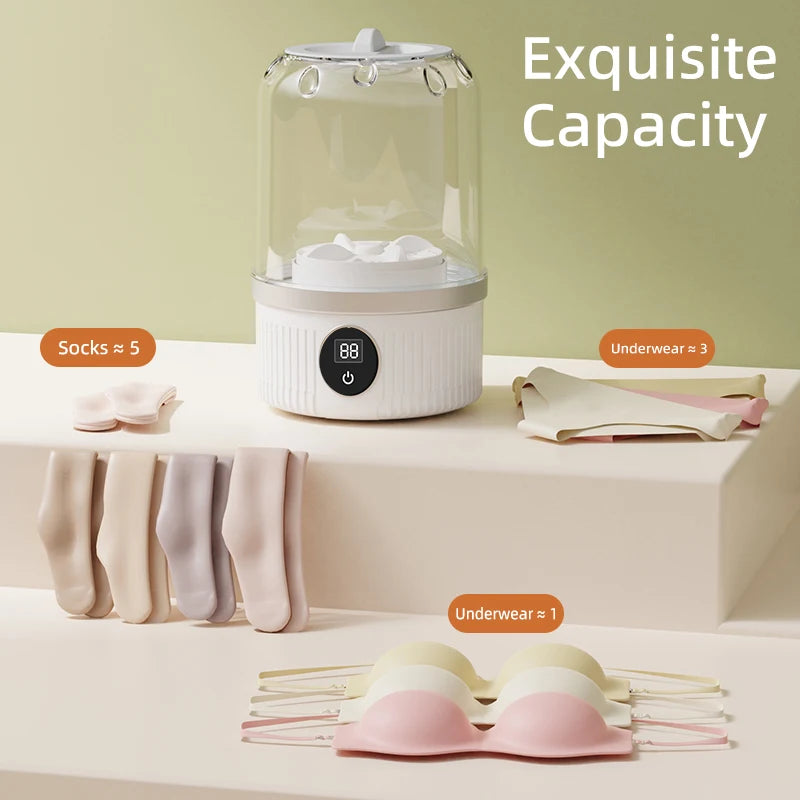 Mini Shoppikala portable electric washing cup for underwear, socks, and pet clothes, featuring wireless charging and compact design.
