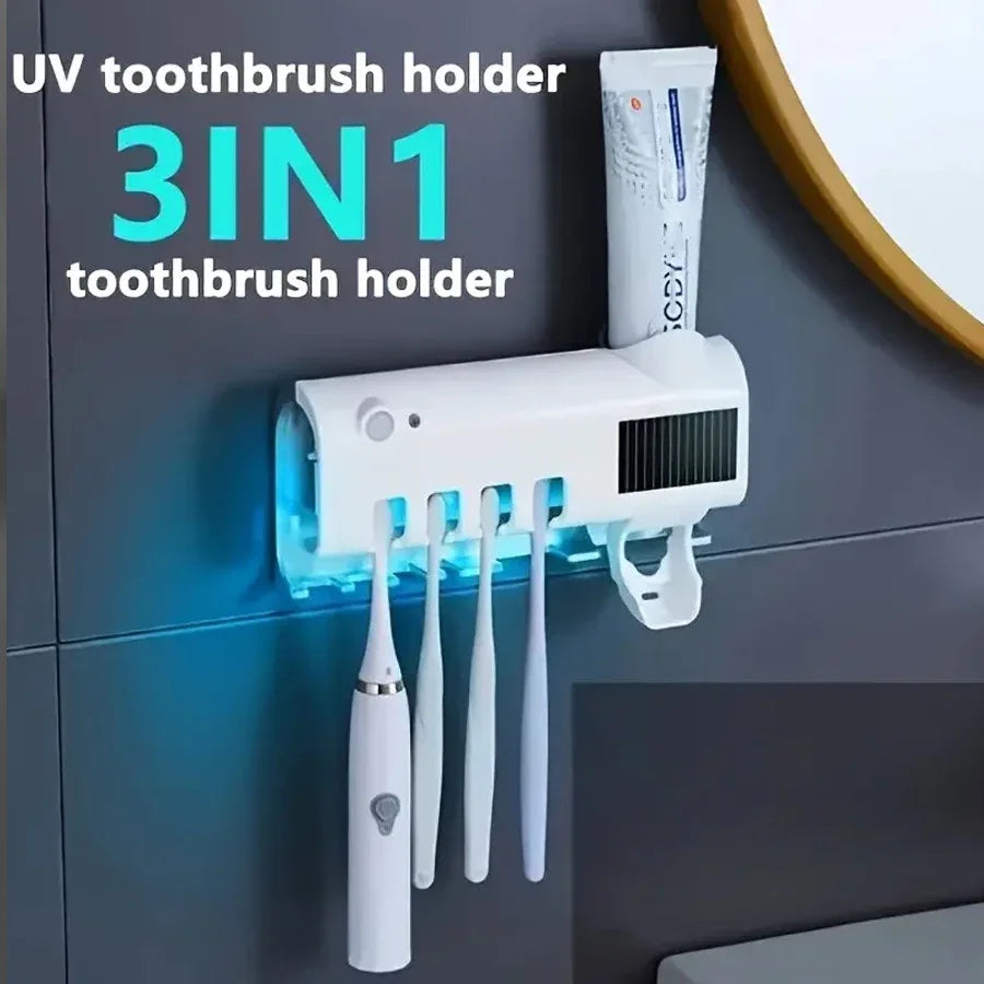 Blue 3-in-1 electric toothbrush holder with toothpaste dispenser, wall-mounted design, no-drill installation, USB charging by shoppikala