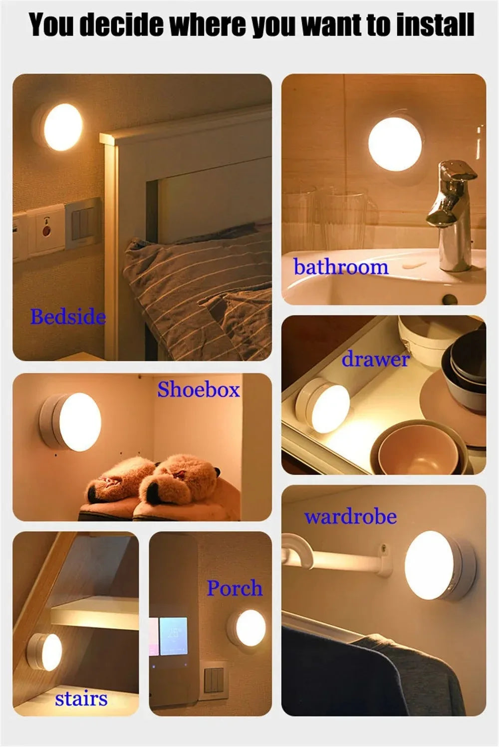 Wireless rechargeable LED night lamp with motion sensor, 360° rotating magnetic design for kitchen, room, or bedside lighting.