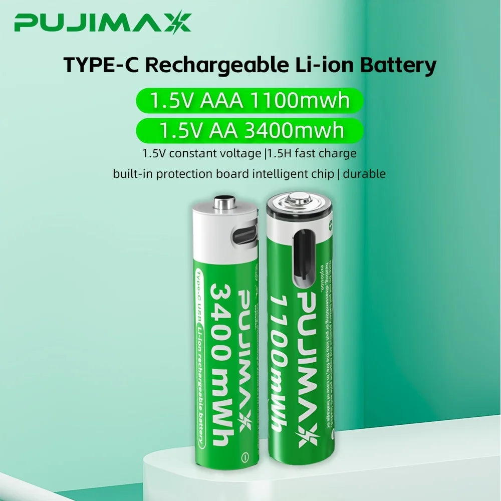 Shoppikala PUJIMAX rechargeable AAA/AA lithium-ion battery with USB-C port, 1.5V, 3400mWh capacity for remote controls and toys.