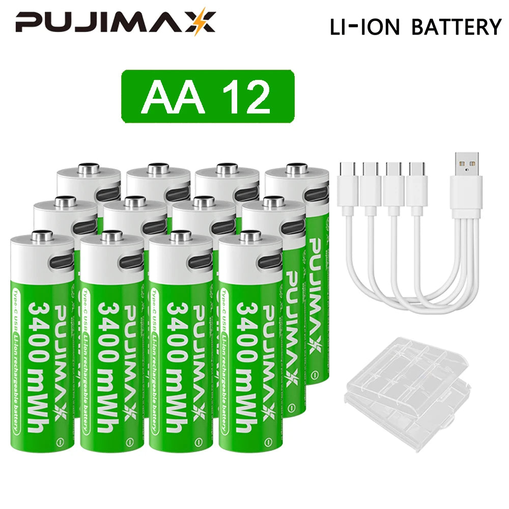 Shoppikala Pujimax rechargeable AAA/AA lithium-ion batteries with USB Type-C port, suitable for remote controls and electric toys.