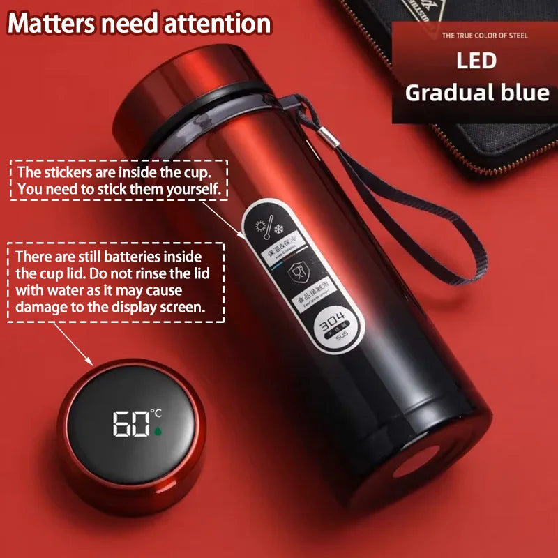 Stainless steel thermos bottle by shoppikala with LED temperature display, 500ML capacity, vacuum insulation, and portable design