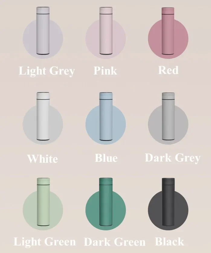 Shoppikala 500ml stainless steel thermos cup with temperature display, divided vacuum insulated bottle for outdoor use.