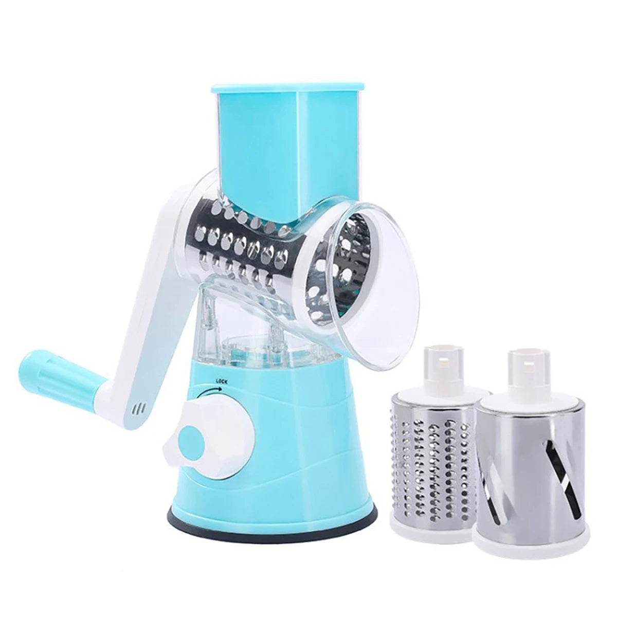Shoppikala multifunctional vegetable slicer with three sharp drums for shredding, chopping cheese, peanuts, and cookies.