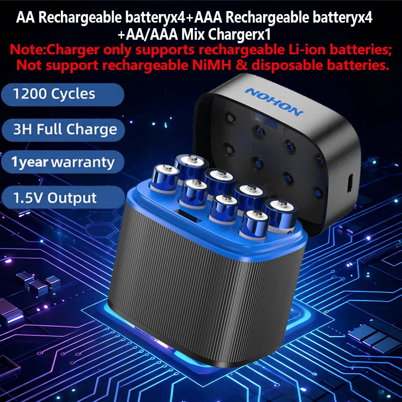 Shoppikala NOHON rechargeable lithium batteries, AA and AAA size, high capacity 3600mWh and 1300mWh, 1.5V for remote and mouse