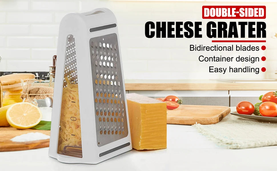 Stainless steel cheese grater with storage container, dual-sided box grater for vegetables, ginger, and potatoes, by Shoppikala.